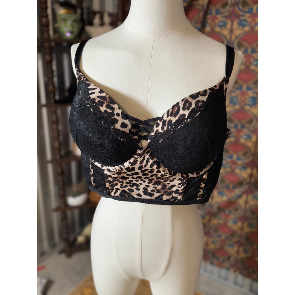 Torrid 42D Leopard Print & Black Lace Longline‎ Bra Corset Plus Size